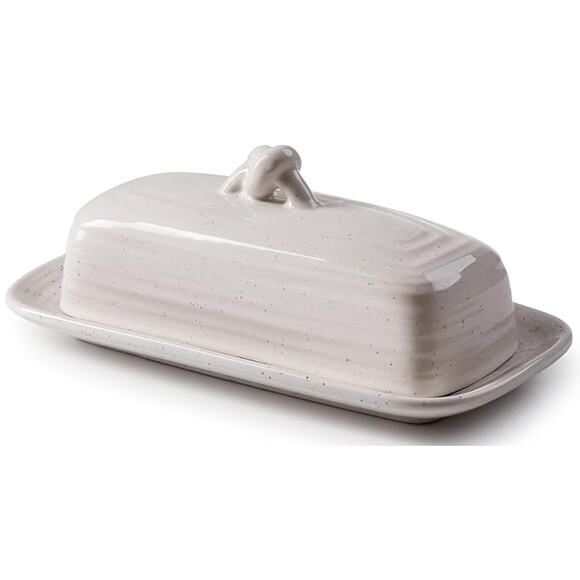 Ceramic Butter Dish w Handle- Avalon White w/Blue Speck - Picture 2 of 4